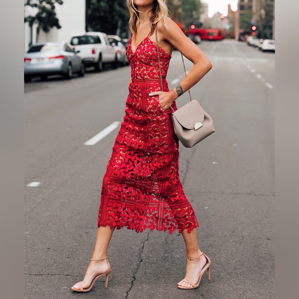 SELF-PORTRAIT Arabella Lace Midi Red Dress NEW